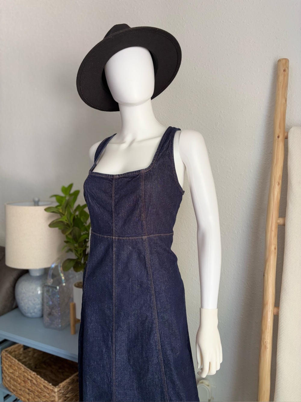 Dark Indigo Denim Midi Dress with Square Neck - Picture 2 of 9